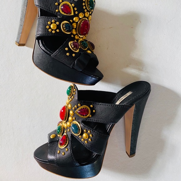 $750 MIU MIU Multicolor Stone Stud Platform 38.5 - Picture 3 of 16